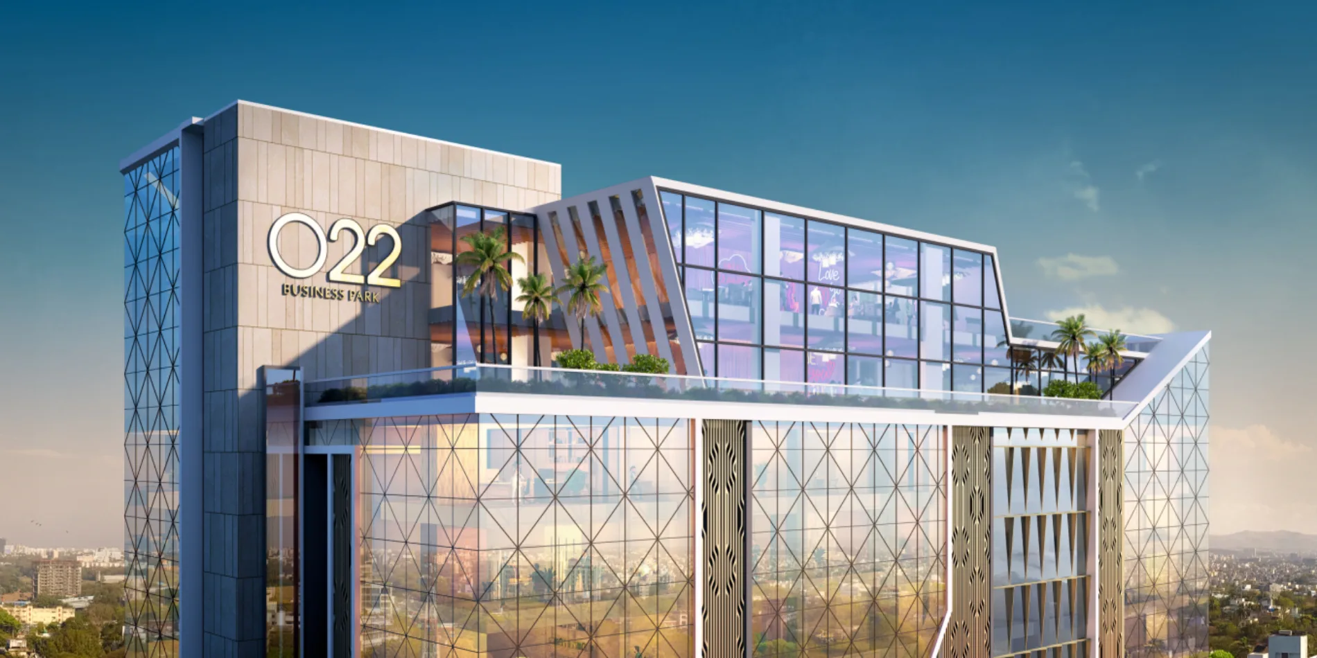 The O22 Business Park facade and rooftop terrace
